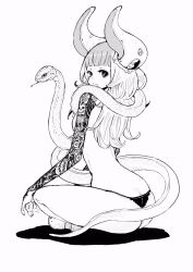 Rule 34 | 1girl, aki001208, animal, ass, bikini, butt crack, female focus, from behind, highres, horns, indian style, long hair, looking back, monochrome, original, sitting, snake, solo, swimsuit, tattoo