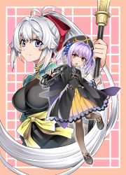 Rule 34 | 2girls, black bodysuit, black dress, black footwear, black headwear, black jacket, bodysuit, breasts, brown legwear, closed mouth, dress, fang, hat, highres, holding, holding polearm, holding weapon, holding whip, jacket, large breasts, long hair, looking at viewer, multiple girls, namonashi, open clothes, open jacket, orange eyes, pantyhose, parted lips, polearm, projected inset, purple hair, shoes, shrug (clothing), skin fang, skirt, twintails, very long hair, weapon, white hair, yellow skirt