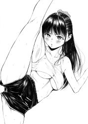Rule 34 | 1girl, absurdres, armpits, black hair, black shorts, blush, breasts, camisole, cowboy shot, crop top, gagaimo, greyscale, highres, leg up, long hair, monochrome, original, parted lips, ponytail, shorts, simple background, solo, split, standing, standing on one leg, standing split, traditional media, underboob, white background, white camisole