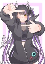 Rule 34 | 1girl, badge, black hair, black jacket, black shirt, blunt bangs, blush, breasts, button badge, cleavage, closed eyes, closed mouth, commentary request, crop top, demon girl, demon horns, demon tail, finger frame, heart, highres, horns, jacket, kojo anna, kojo anna (1st costume), long hair, long sleeves, medium breasts, midriff, multicolored hair, nanashi inc., navel, one eye closed, open clothes, open jacket, pink background, pointy ears, purple hair, robou no stone, see-through, see-through cleavage, see-through shirt, shirt, smile, solo, star (symbol), sugar lyric, tail, twintails, two-tone background, two-tone hair, upper body, virtual youtuber, white background, yellow eyes, zipper