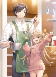 Rule 34 | 1boy, 1girl, absurdres, ahoge, akamoku, apron, arm up, black eyes, black hair, black pants, braid, brown eyes, brown hair, chocolate, commentary request, green apron, grin, highres, huge filesize, indoors, kitchen, ladle, leg up, long hair, no pants, one eye closed, open mouth, original, pants, pink sweater, pointing, pot, ribbon, shirt, short hair, smile, spoon, standing, standing on one leg, sweater, white shirt