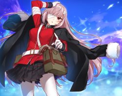 Rule 34 | 1girl, bag, bandage over one eye, fate/grand order, fate (series), florence nightingale (fate), florence nightingale (third ascension) (fate), gloves, gun, hair down, jacket, jacket on shoulders, long hair, looking at viewer, military, military uniform, pantyhose, pink hair, pleated skirt, red eyes, shirako miso, skirt, solo, uniform, very long hair, weapon, white gloves, white pantyhose