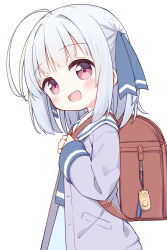 Rule 34 | 1girl, :d, absurdres, ahoge, ayanepuna, backpack, bag, blue dress, blue ribbon, blush, commentary, crime prevention buzzer, dress, grey hair, hair ribbon, highres, jacket, long sleeves, looking at viewer, open clothes, open jacket, open mouth, original, purple jacket, randoseru, red eyes, ribbon, sailor collar, sailor dress, simple background, sleeves past wrists, smile, solo, symbol-only commentary, white background, white sailor collar
