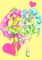 Rule 34 | 10s, 2girls, aino megumi, alternate form, asymmetrical clothes, asymmetrical legwear, blue eyes, blue hair, boots, brooch, copyright name, cure lovely, cure lovely (lollipop hip hop), cure princess, cure princess (macadamia hula dance), double v, dress, earrings, english text, eyelashes, green dress, green footwear, green skirt, grin, hair ornament, hair ribbon, happinesscharge precure!, happy, heart, heart background, heart brooch, high heels, highres, jewelry, long hair, looking at viewer, magical girl, mismatched legwear, multiple girls, one eye closed, open mouth, pink eyes, pink hair, precure, ribbon, shirayuki hime, shoes, single thigh boot, skirt, smile, source request, star (symbol), star earrings, thigh boots, thighhighs, thighs, twintails, uneven legwear, v, weapon, wink, wrist cuffs, yellow background, yellow dress, yellow skirt, yoshino (ym339)