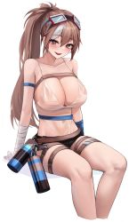Rule 34 | 1girl, absurdres, alchemy stars, bare shoulders, breasts, brown hair, cleavage, g home, goggles, goggles on head, highres, large breasts, long hair, looking at viewer, open mouth, ponytail, rainbow (alchemy stars), simple background, smile, solo, thigh strap, thighs, very long hair, white background