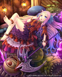 Rule 34 | 1girl, :o, anklet, barefoot, blonde hair, blue hair, blush, bracelet, breasts, bustier, chain, crystal, demon girl, detached sleeves, dress, facial mark, feet, twirling hair, highres, jewelry, laces, lantern, crossed legs, long hair, looking at viewer, lost crusade, lots of jewelry, lying, monster, multicolored hair, nail polish, namaru (summer dandy), on back, open mouth, petticoat, pink hair, pink nails, pleated dress, polearm, purple eyes, scythe, sharp teeth, small breasts, soles, solo, teeth, toenail polish, toenails, toes, very long hair, weapon, wide sleeves