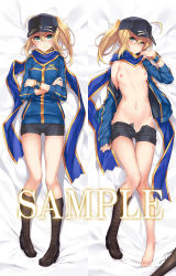 Rule 34 | 1girl, ahoge, artoria pendragon (all), artoria pendragon (fate), barefoot, baseball cap, black hat, black shorts, blonde hair, blue jacket, blue scarf, blush, boots, breasts, brown footwear, cross-laced footwear, crossed arms, dakimakura (medium), fate (series), female focus, full body, green eyes, hat, jacket, knee boots, kodama yuu, lace-up boots, looking at viewer, lying, midriff, multiple views, mysterious heroine x (fate), navel, nipples, on back, open clothes, open jacket, ponytail, rojiura satsuki : chapter heroine sanctuary, saber (fate), sample watermark, scarf, shoes, short shorts, shorts, sidelocks, single boot, single shoe, small breasts, smile, sweat, track jacket, unworn boot, unworn boots, unzipped, watermark, wristband