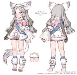 Rule 34 | 2017, animal ears, animal feet, artstation username, blue bow, blue eyes, bow, character request, character sheet, commentary request, digitigrade, dragon nest, grey hair, hair bow, korean commentary, korean text, long hair, long tail, mechanical arms, siho white, single mechanical arm, standing, tail, translation request, underwear, watermark, web address