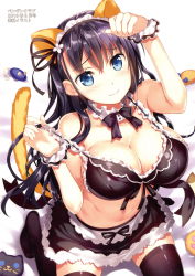 Rule 34 | 1girl, absurdres, animal ears, bare shoulders, black hair, black skirt, black thighhighs, blue eyes, blush, breasts, cat ears, cat tail, cleavage, closed mouth, collarbone, comic penguin club, dated, detached collar, fake animal ears, fingernails, highres, kneeling, large breasts, long hair, looking at viewer, maid, maid headdress, midriff, miniskirt, navel, original, page number, paw pose, pulled by self, ribbon, scan, shiny clothes, simple background, skirt, smile, solo, stomach, stuffed animal, stuffed toy, tail, thighhighs, wrist cuffs, yan-yam