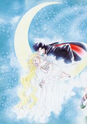 1990s_(style) 1boy 1girl absurdres artbook barefoot bishoujo_senshi_sailor_moon black_cape black_hair blonde_hair blue_background blue_sky bracelet breasts cape cleavage closed_eyes closed_mouth couple crescent crescent_moon crown curled_up double_bun endymion_(sailor_moon) hair_bun hetero highres holding holding_crown incredibly_absurdres jewelry lips long_hair moon official_art prince princess princess_serenity retro_artstyle sky takeuchi_naoko unworn_crown very_long_hair