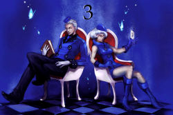 Rule 34 | 1boy, 1girl, atlus, book, boots, brother and sister, bug, butterfly, card, chair, checkered floor, crossed legs, dress, elevator operator, elizabeth (persona), floating card, floor, gloves, hat, insect, no legwear, persona, persona 3, persona 3 portable, rencho (ren kasui), short hair, siblings, sitting, sleeveless, sleeveless dress, theodore (persona), white hair, yellow eyes
