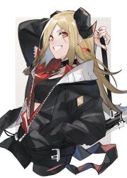 Rule 34 | 1girl, absurdres, alternate costume, arknights, arm up, black jacket, black tank top, blonde hair, border, brown background, collar, commentary, cropped torso, demon girl, demon horns, grin, hand in pocket, highres, holding, horns, ifrit (arknights), jacket, leaning back, long hair, looking at viewer, orange eyes, simple background, smile, solo, tank top, upper body, yakota (usuk-yako)
