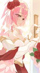 Rule 34 | 1girl, breasts, cleavage, fire emblem, fire emblem engage, fire emblem heroes, flower, gbbgb321, hair flower, hair ornament, highres, holding, lapis (fire emblem), large breasts, looking at viewer, nintendo, official alternate costume, pink eyes, pink hair, red flower, red rose, red skirt, rose, short hair, skirt, solo, upper body