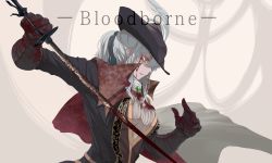 Rule 34 | 1girl, ascot, blonde hair, blood, bloodborne, blue eyes, breasts, cape, coat, ascot, gem, gloves, hat, hat feather, holding, lady maria of the astral clocktower, large breasts, long hair, ponytail, rakuyo (bloodborne), sasayaki27, simple background, solo, sword, the old hunters, tricorne, weapon, white hair