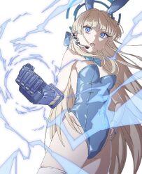 Rule 34 | 1girl, animal ears, blonde hair, blue archive, blue eyes, blue leotard, breasts, brilliantko, cleavage, covered navel, earpiece, fake animal ears, halo, hand on own hip, highres, leotard, long hair, mechanical arms, medium breasts, open mouth, powering up, rabbit ears, simple background, single mechanical arm, solo, thighhighs, toki (blue archive), toki (bunny) (blue archive), white background, white thighhighs, wrist cuffs