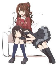 Rule 34 | 10s, 2girls, :d, akni, bare shoulders, black dress, black gloves, black gothic dress (idolmaster), blazer, blue legwear, blush, boots, bow, bowtie, brown eyes, brown hair, commentary request, couch, cross-laced footwear, dress, flower, frilled dress, frills, gloves, hair bow, half updo, idolmaster, idolmaster cinderella girls, idolmaster cinderella girls starlight stage, jacket, knee boots, kneehighs, korean text, lace-up boots, lap pillow, loafers, long hair, love letter (idolmaster), multiple girls, one side up, open mouth, plaid, plaid bow, plaid bowtie, plaid neckwear, school uniform, shibuya rin, shimamura uzuki, shoes, side ponytail, simple background, sitting, skirt, sleeping, smile, socks, sweatdrop, translation request, white background