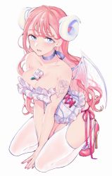 Rule 34 | 1girl, bad id, bad twitter id, blue eyes, blush, breasts, corset, highres, horns, long hair, applying manicure, medium breasts, mole, mole under eye, neck ribbon, open mouth, original, pelvic curtain, pink hair, red footwear, ribbon, seiza, shoes, sitting, solo, tattoo, thighhighs, uni (melm), white corset, white thighhighs, wings