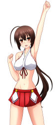 Rule 34 | 1girl, arm up, armpits, breasts, brown eyes, brown hair, halterneck, highres, kenken, large breasts, long hair, musubi, sekirei, smile, solo, swimsuit, very long hair, voice actor connection, white background
