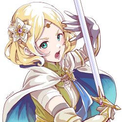 Rule 34 | 1girl, aqua eyes, black gloves, blonde hair, blue cape, cape, commentary request, dress, fire emblem, fire emblem warriors, gloves, hair ornament, holding, holding sword, holding weapon, lianna (fire emblem), looking at viewer, lower teeth only, mojakkoro, nintendo, open mouth, short sleeves, simple background, solo, sword, teeth, two-tone cape, weapon, white background, white cape, white sleeves, yellow dress