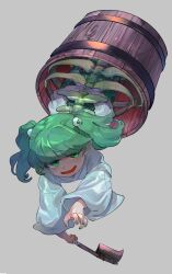Rule 34 | 1girl, blue shirt, bucket, chamaruk, fallen down, green eyes, green hair, green nails, grey background, highres, holding, in bucket, in container, kisume, reaching, reaching towards viewer, ribs, shirt, skeleton, solo, touhou, wooden bucket