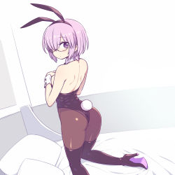 Rule 34 | 1girl, animal ears, ass, back, backless dress, backless outfit, bare shoulders, black-framed eyewear, black leotard, black pantyhose, blush, boots, brown thighhighs, chan co, closed mouth, commentary request, dress, fake animal ears, fake tail, fate/grand order, fate (series), hair over one eye, hairband, high heel boots, high heels, kneeling, leotard, looking at viewer, mash kyrielight, on bed, one eye covered, pantyhose, pillow, playboy bunny, purple eyes, purple hair, rabbit ears, rabbit tail, semi-rimless eyewear, short hair, solo, tail, thigh boots, thighhighs, under-rim eyewear, wrist cuffs