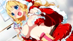 Rule 34 | 1girl, accident, belt, blonde hair, blue eyes, blush, body blush, bow, breasts, bustier, capelet, center opening, cleavage, clenched hand, cloak, cloud, colored eyelashes, cowboy shot, day, detached sleeves, dutch angle, embarrassed, female focus, fur trim, game cg, gift, hip focus, holding, hood, hooded cloak, inma, large breasts, long hair, looking down, midriff, navel, open mouth, panties, polka dot, raised eyebrows, sakura santa, santa (sakura santa), santa costume, scissors, skirt, sky, solo, string panties, surprised, tears, torn clothes, underwear, wardrobe malfunction, wavy hair, window, winged cloud