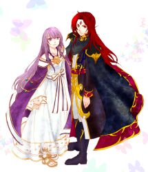 Rule 34 | 1boy, 1girl, black cape, black coat, boots, brother and sister, cape, circlet, coat, dress, facial mark, fire emblem, fire emblem: genealogy of the holy war, forehead mark, jewelry, julia (fire emblem), julius (fire emblem), long hair, looking at viewer, nintendo, purple cape, purple eyes, purple hair, red hair, sandals, siblings, simple background, standing, twins, youseinomori