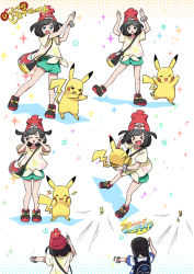 Rule 34 | &gt; &lt;, 1boy, 1girl, :d, alolan form, alolan raichu, backpack, bag, bare legs, baseball cap, beanie, black hair, blue eyes, blush, closed eyes, comic, creatures (company), elio (pokemon), game freak, gameplay mechanics, gen 1 pokemon, gen 7 pokemon, green shorts, handbag, hat, highres, how to, kingin, looking at viewer, nintendo, numbered, open mouth, pikachu, pokemon, pokemon (creature), pokemon sm, red hat, selene (pokemon), shirt, shoes, short hair, short shorts, short sleeves, shorts, smile, sneakers, sparkle, striped clothes, striped shirt, swept bangs, t-shirt, throwing, translated, white background, wide sleeves, xd, z-move, z-ring