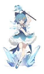 Rule 34 | 1girl, :o, absurdres, adapted costume, ahoge, arm up, blue bow, blue dress, blue eyes, blue footwear, blue hair, bow, bowtie, cirno, commentary, dress, flower, gloves, hair bow, hair flower, hair ornament, highres, ice, ice wings, looking at viewer, open mouth, petticoat, pinafore dress, puffy short sleeves, puffy sleeves, shirt, shoes, short hair, short sleeves, simple background, siyumu, sleeveless, sleeveless dress, snowflakes, socks, solo, sunflower, sunflower hair ornament, touhou, wand, white background, white bow, white bowtie, white gloves, white shirt, white socks, wings