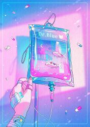 Rule 34 | 1girl, absurdres, bandaged arm, bandages, bandaid, barcode, crescent moon, fish, highres, indoors, intravenous drip, jewelry, koi, medicine, moon, original, pill, pink nails, ring, solo, wacca005