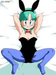 Rule 34 | 1girl, alternate hairstyle, amedama akihito, animal ears, armpits, arms up, bare arms, bare shoulders, bed, black leotard, blue eyes, blue pantyhose, blush, bow, bowtie, breasts, bulma, cleavage, closed mouth, dragon ball, dragon ball (classic), fake animal ears, feet, female focus, from above, full body, green hair, groin, legs, leotard, looking at viewer, lying, medium breasts, old school academy, pantyhose, playboy bunny, rabbit ears, smile, solo, spread legs, strapless, thighs, white background