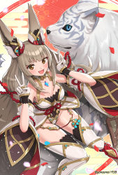 Rule 34 | animal ears, blunt bangs, breasts, cat ears, chest jewel, cleavage, detached sleeves, dromarch (xenoblade), facial mark, gonzarez, highleg, highleg leotard, highres, leotard, long hair, low twintails, medium breasts, nia (blade) (xenoblade), nia (xenoblade), nintendo, short hair, silver hair, thighhighs, twintails, very long hair, xenoblade chronicles (series), xenoblade chronicles 2, yellow eyes