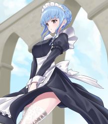 Rule 34 | 1girl, blue hair, blue sky, brown eyes, cloud, day, dollinger, fire emblem, fire emblem: three houses, garter straps, highres, long sleeves, maid, maid headdress, marianne von edmund, nintendo, outdoors, parted lips, sky, solo, thighhighs