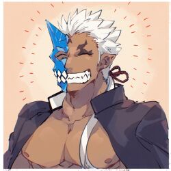 Rule 34 | 1boy, closed eyes, dark-skinned male, dark skin, fangs, half mask, highres, jinnai10, male focus, mask, muscular, muscular male, nipples, oni mask, open clothes, open shirt, pectorals, pointy ears, ponytail, solo, upper body, white hair