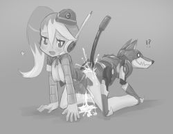 Rule 34 | 1girl, ?, all fours, android, ass-to-ass, bad id, bad pixiv id, bestiality, blush, breasts, call (mighty no. 9), call e, cum, cum in pussy, cum overflow, dog, dress, garrison cap, greyscale, hanging breasts, hat, headset, heart, hetero, jiffic, kneeling, knotting, long hair, mighty no. 9, monochrome, multicolored hair, nipples, non-humanoid robot, robot, robot animal, sex, short dress, side ponytail, solo focus, two-tone hair, vaginal
