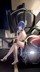 Rule 34 | 1girl, azur lane, bag, blue hair, breasts, building, butterfly doors, car, dress, evening gown, handbag, high heels, looking at viewer, mclaren, mclaren p1, motor vehicle, official alternate costume, product placement, revealing clothes, side ponytail, sideboob, sitting, sports car, st. louis (azur lane), st. louis (luxurious wheels) (azur lane), strappy heels, wuzhihuijia