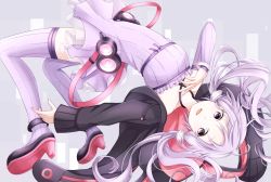 Rule 34 | 1girl, animal hood, bare shoulders, collarbone, dress, falling, frilled dress, frills, full body, hair ornament, highres, hood, hood down, hoodie, long hair, looking at viewer, open mouth, purple eyes, purple hair, purple thighhighs, rabbit hood, shoes, simple background, smile, solo, thighhighs, twintails, vocaloid, voiceroid, yamagara, yuzuki yukari