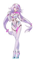 Rule 34 | 1girl, absurdres, bodysuit, breasts, covered navel, full body, hair between eyes, headgear, high heels, highres, impossible bodysuit, impossible clothes, large breasts, light purple hair, long hair, low twintails, official art, parted lips, pink eyes, reina (xipuria), sky diver xipuria, solo, standing, transparent background, twintails, very long hair