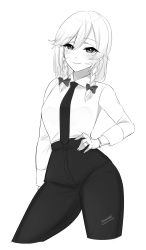 Rule 34 | 1girl, absurdres, black pants, bow, braid, collared shirt, greyscale, hair bow, hand on own hip, highres, izayoi sakuya, jewelry, long sleeves, monochrome, necktie, pants, ring, shirt, short hair, silver hair, simple background, solo, touhou, twin braids, umisaki, white background, white shirt