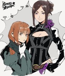 Rule 34 | 2girls, age comparison, aged up, beatrice (princess principal), breasts, cleavage, commentary request, dorothy (princess principal), hand on own hip, highres, multiple girls, princess principal, roru (lol dessin)