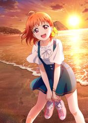 Rule 34 | 1girl, artist name, artist request, bare legs, beach, blue skirt, blue sky, blush, bow, bracelet, cloud, collarbone, female focus, hair ornament, hairclip, holding, holding shoes, jewelry, looking at viewer, love live!, love live! school idol festival, love live! sunshine!!, ocean, orange hair, orange sky, outdoors, parted lips, red eyes, shirt, shoes, short hair, skirt, sky, smile, solo, sunset, takami chika, white shirt, yellow bow