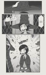 Rule 34 | 1girl, 1other, 3koma, blush stickers, comic, english text, explosion, greyscale, harry potter (series), hat, highres, holly (tyrone), miniskirt, monochrome, profanity, sitting, skirt, sorting hat, sound effects, tooth gap, tyrone, wizard hat, wizarding world