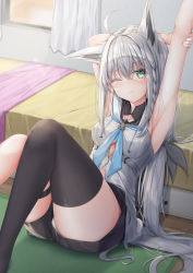 Rule 34 | 1girl, :3, absurdres, ahoge, animal ears, arm behind head, arm up, armpits, bed, black shorts, black thighhighs, blue neckerchief, blush, braid, breasts, commentary request, day, fox ears, fox girl, fox tail, green eyes, hair between eyes, highres, hololive, hood, hoodie, indoors, knees up, long hair, looking at viewer, miseki you, neckerchief, one eye closed, panties, pantyshot, shirakami fubuki, shirakami fubuki (1st costume), short shorts, shorts, sidelocks, single braid, single thighhigh, sitting, small breasts, solo, tail, thigh strap, thighhighs, underwear, upshorts, virtual youtuber, white hair, white hoodie, white panties
