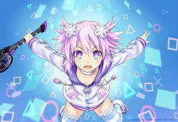 Rule 34 | 10s, 1girl, blue background, blue thighhighs, d-pad, dated, female focus, hair ornament, highres, jacket, neptune (neptunia), neptune (series), purple eyes, purple hair, sereneandsilent, smile, solo, striped clothes, striped thighhighs, symbol-shaped pupils, thighhighs, weapon