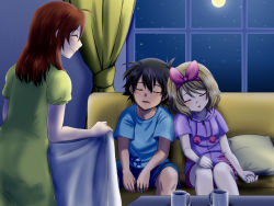 Rule 34 | 1boy, 2girls, ahoge, ash ketchum, black hair, blue shirt, blue shorts, bow, brown hair, closed eyes, covering with blanket, creatures (company), curtains, delia ketchum, dress, game freak, hair bow, hairband, hatsuru 826, highres, indoors, long hair, moon, mother and son, multiple girls, nintendo, open mouth, pillow, pink bow, pink hairband, pink shirt, pink shorts, pokemon, pokemon (anime), pokemon sm (anime), serena (pokemon), shirt, short hair, short shorts, short sleeves, shorts, sitting, sky, sleeping, smile, star (sky), starry sky, window, yellow dress