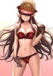 Rule 34 | 1girl, black gloves, black hair, blush, bra, breasts, cleavage, collarbone, commentary, cowboy shot, family crest, fate/grand order, fate (series), gloves, gradient background, hair between eyes, hair over one eye, hand up, hat, head tilt, highres, lingerie, long hair, looking at viewer, mashuu (neko no oyashiro), medium breasts, navel, oda nobunaga (fate), oda nobunaga (koha-ace), panties, panty pull, panty tug, parted lips, peaked cap, pulled by self, red bra, red eyes, red panties, sidelocks, signature, simple background, smile, solo, stomach, swept bangs, thighs, underwear, underwear only, very long hair
