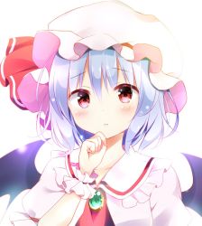 Rule 34 | 1girl, bat wings, blue hair, blush, hat, hat ribbon, highres, hyurasan, looking at viewer, mob cap, open mouth, portrait, puffy sleeves, red eyes, remilia scarlet, ribbon, short hair, short sleeves, simple background, solo, touhou, white background, wings, wrist cuffs