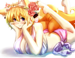 Rule 34 | 1girl, animal ears, arm support, barefoot, blonde hair, breasts, butt crack, head rest, cleavage, dearmybrothers, face, female focus, flower, fox ears, fox tail, hair flower, hair ornament, halterneck, huge breasts, legs up, looking at viewer, lying, multiple tails, on stomach, purple eyes, short hair, solo, tail, touhou, yakumo ran