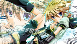 Rule 34 | 1boy, arm warmers, blonde hair, blue eyes, boots, feathers, hand to own mouth, headphones, kagamine len, leg lift, leg warmers, male focus, musical note, necktie, open mouth, piano keys, ponytail, reclining, sailor collar, shinwa (sinwa), shirt, short sleeves, shorts, sitting, solo, t-shirt, vocaloid, white shirt