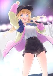 Rule 34 | 1girl, absurdres, baseball cap, black hat, black shorts, blonde hair, blouse, blue eyes, blunt bangs, braid, clenched hand, hat, highres, holding, holding microphone, jacket, long hair, long sleeves, microphone, minau37, multicolored clothes, multicolored jacket, open clothes, open jacket, paripi koumei, shirt, shorts, solo, stage, stage lights, tsukimi eiko, twin braids, white shirt